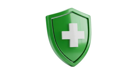 Obraz premium Green shield with white cross symbol of health safety protection and medical care