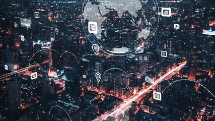 Global Digital Network Connecting Futuristic Cityscape at Night. - Powered by Adobe