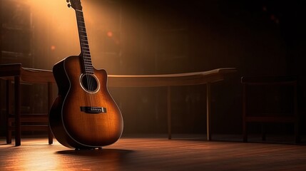 mly Illuminated Acoustic Guitar Resting on a Wooden Floor in a Dimly Lit Performance Space