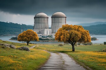 Nuclear power plant with twin cooling towers by a lake, surrounded by autumn trees and a scenic countryside path Generative AI