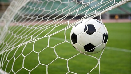 Soccer ball nestled in goal net on a vibrant green field.