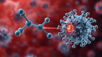 A powerful, high-resolution 3D conceptual rendering illustrating a large, complex, light blue chemical molecule engaging or floating near a highly.
