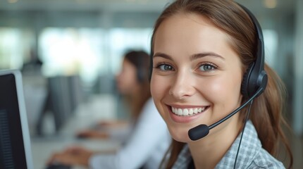 A vibrant, close-up, eye-level photograph of an attractive, friendly female call center agent, customer service representative, or technical support specialist smiling directly at the camera. 