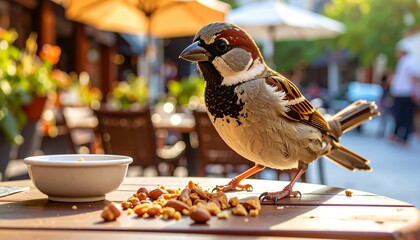 Sparrow on a cafe table enjoying peanuts
