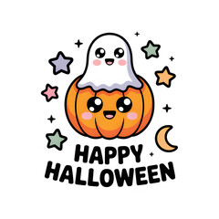 Cute kawaii pumpkin ghost character with stars and moon happy halloween text isolated on transparent background
