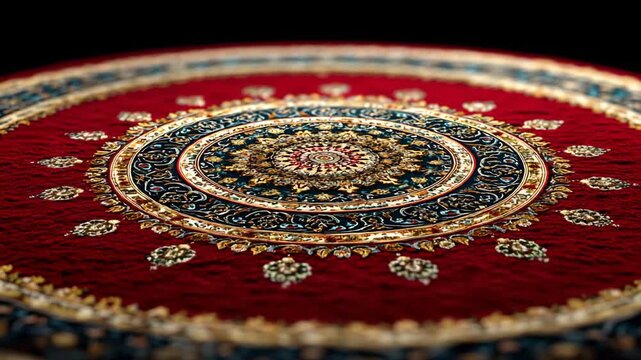 Intricate red and blue decorative rug showcasing detailed patterns and textures in a close-up view