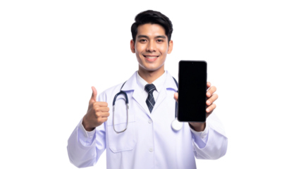 A smiling doctor holding a digital tablet and giving a thumbs-up sign, showing a gesture of approval and optimism. The doctor wears a white coat and stethoscope.