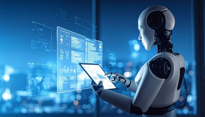 Futuristic vision: An AI robot interacting with a digital interface, exploring advanced technology