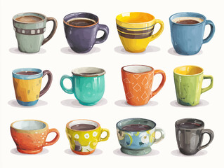 Cartoon illustration of a colorful collection of coffee and tea mugs with various patterns, textures, and designs