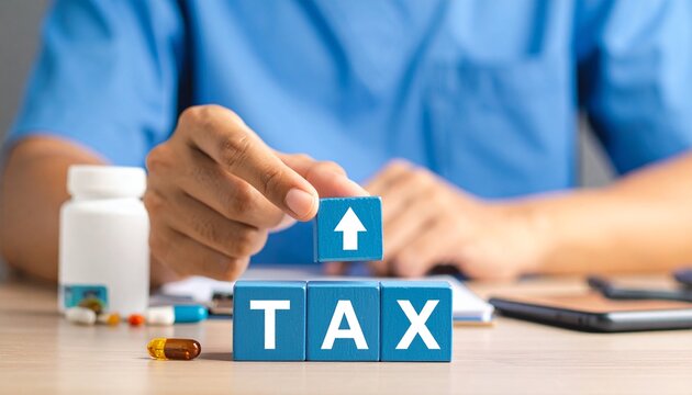 Medical professional arranging wooden block which spell tax and increase arrow above
