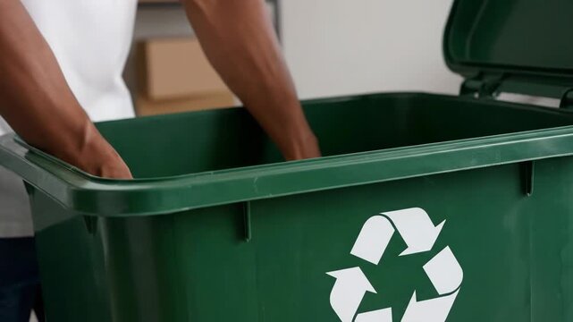 Person Throws out Cardboard Pizza Box Into a Green Recycling Bin
