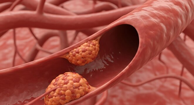 Blood vessel blockage illustration showing clots and potential health issues.
