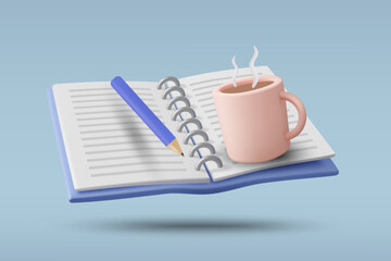 3D vector illustration render of open notebook with pen and hot coffee cup. Concept of writing, note-taking, inspiration. For education, creative media, learner, working.
