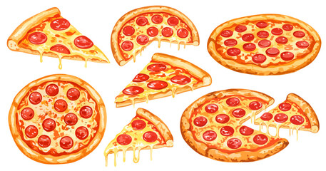 ペパロニピザのイラストセット,とろけるチーズ,ホールとスライス,水彩風