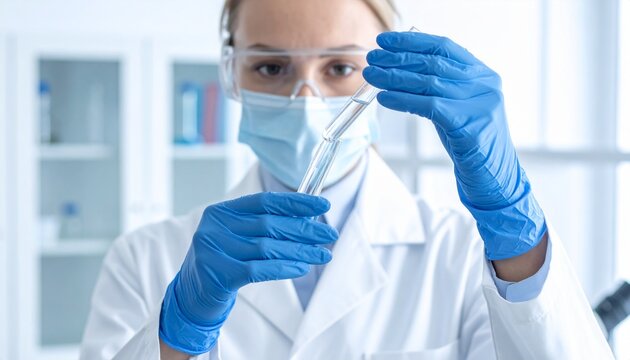 A scientist in a lab coat, face mask, and safety glasses holds a test tube filled with liquid. She is wearing blue gloves