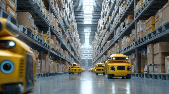 Automated warehouse robots and forklifts navigating aisles filled with shelves stocked with boxes in a modern distribution center. - Powered by Adobe