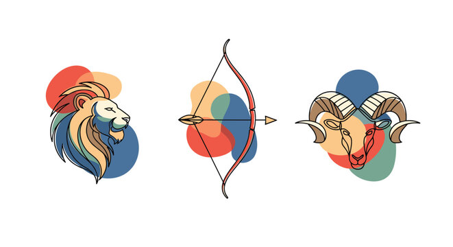 Astrological signs of Leo Sagittarius and Aries with abstract colorful circles.