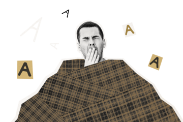 Composite photo collage of tired young man yawn cover checkered blanket sleepover nap late night early isolated on painted background