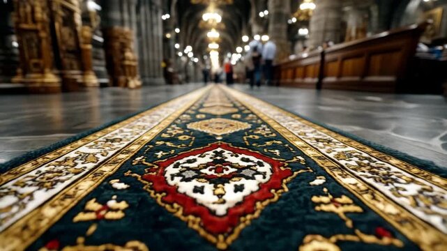 Elegant carpet stretches down a grand hallway in a historic building with arches and soft lighting