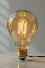 A glowing golden light bulb on a bright yellow background is a symbol of inspiration, innovation, and creative energy