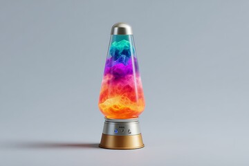 A retro lava lamp with colorful swirling liquid, metallic cap, and base on a plain background