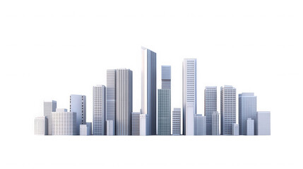 Modern city skyline with various office buildings against a stark on transparent background