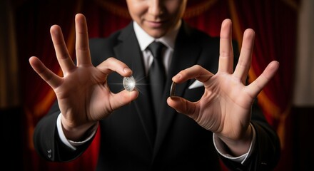 Magician performing sleight of hand, holding two coins for a close-up trick.
