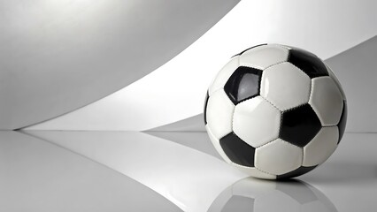 Classic black-and-white soccer ball on a sleek, modern white surface.