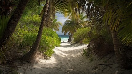 Obraz premium Shaded Sandy Path Leading Through Lush Tropical Foliage to a Bright Sunlit Secluded Beach