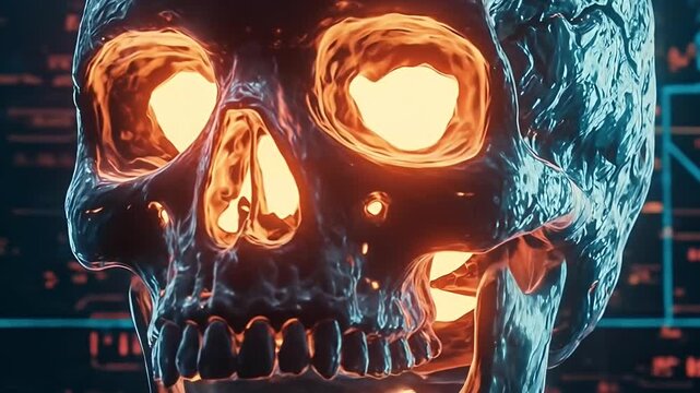 Glowing Cybernetic Skull with Circuit Board Background.