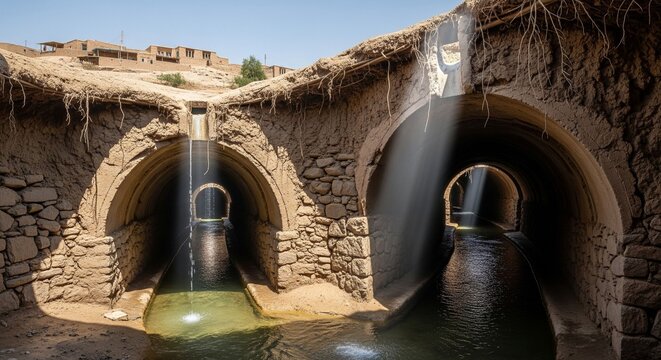 Persian Qanat (underground aqueduct) exit with stone arches and sunlight beams hitting the water.