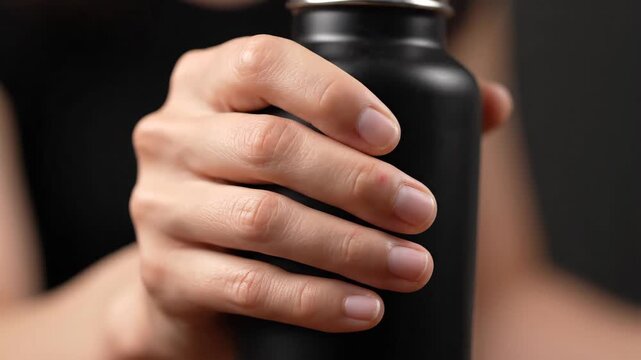 Person Holding Reusable Black Water Bottle Close Up Shot