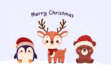 Christmas card with cute winter animals in knitted scarves and hats. Holiday mascot, deer with bear and penguin, hand drawn in childish style.