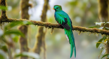 A resplendent Quetzal, a brilliantly plumed Central American bird, perched on a mossy branch in the cloud forest.