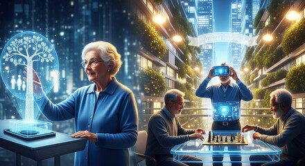 An elderly woman interacts with a holographic family tree on a tablet while other seniors play chess and use VR headsets in a futuristic urban environment.