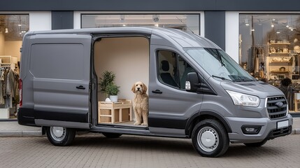 Fototapeta premium Minimalist Lifestyle Packaging Cozy Camper Van with Dog and Modern Interior in Urban Setting high quality design