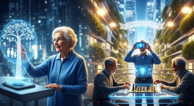 An elderly woman interacts with a holographic family tree on a tablet while other seniors play chess and use VR headsets in a futuristic urban environment.