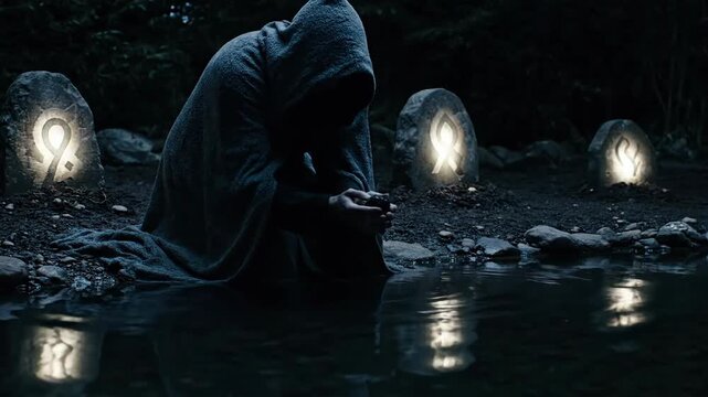 Cloaked Figure Crouching Near Illuminated Runestones, Holding Object Near Water
