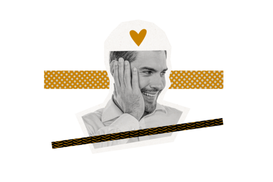 Composite photo collage of happy man fall love heart icon cut head sympathy feelings relationships affection isolated on painted background - Powered by Adobe