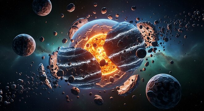 Cosmic Collision of Planets in Space.