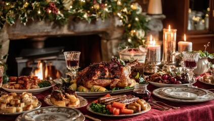 Festive Christmas Dinner Table Setting with Roasted Turkey and Decorations.