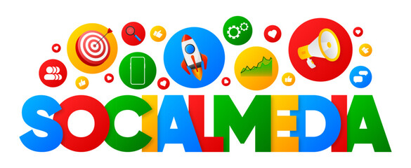 Social Media concept. Information from internet. Social Media word surrounded with floating elements. Vector illustration.