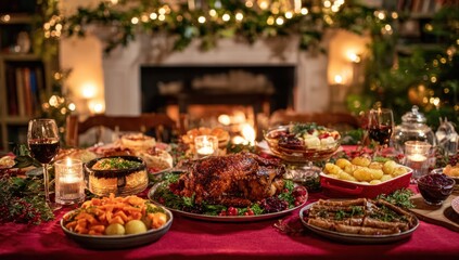 Festive Christmas Dinner Table with Roasted Ham and Holiday Decorations.