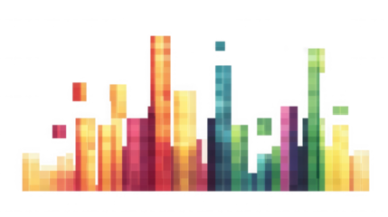 Colorful pixelated bars create a vibrant abstract cityscape against black backdrop on transparent background