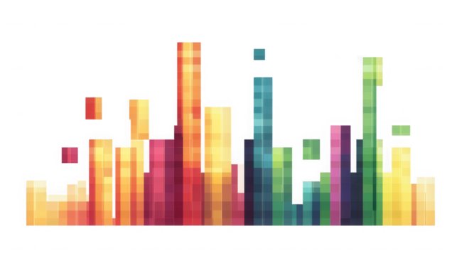 Colorful pixelated bars create a vibrant abstract cityscape against black backdrop on transparent background