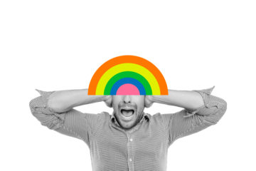 Composite collage image of black white effect guy scream lgbt rainbow isolated on creative background
