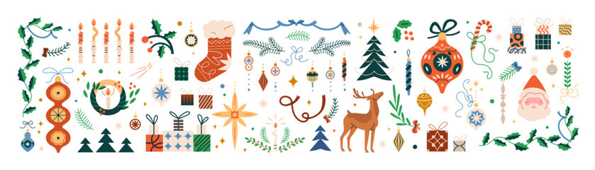 Fototapeta na wymiar Christmas and New Year decorations, design elements set. Xmas decor bundle. Festive bauble, winter holiday ornament, gift, reindeer, Santa Claus. Flat vector illustrations isolated on white background