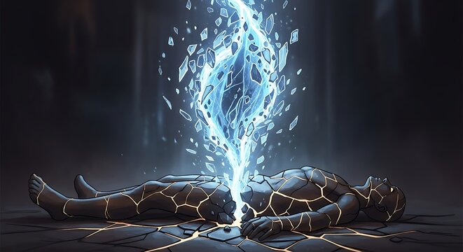 Blue Energy Beam Shatters A Fallen Android Figure.