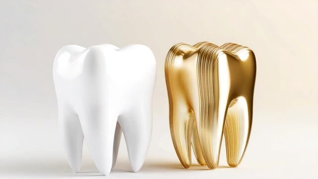 Two teeth, one gold and one white, placed side by side on a white background
