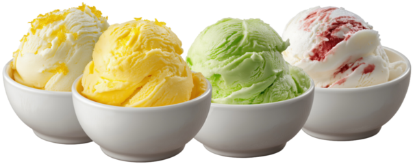 Tempting Assortment of 4 Colorful Ice Cream Scoops (White Bowls) on Clean White Backdrop �C Fruity, Refreshing Summer Flavors, PNG, no background